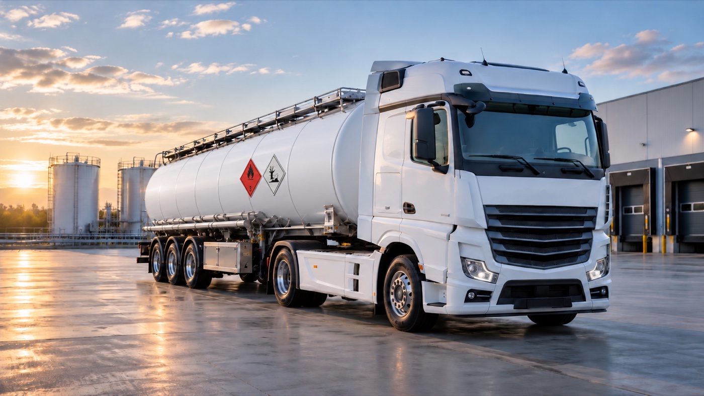 Camion cisterna interamente bianco in un terminal logistico